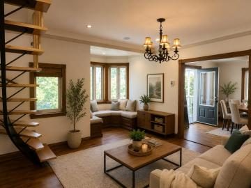 Salon meublé avec escalier en colimaçon de bois et lustre au plafond